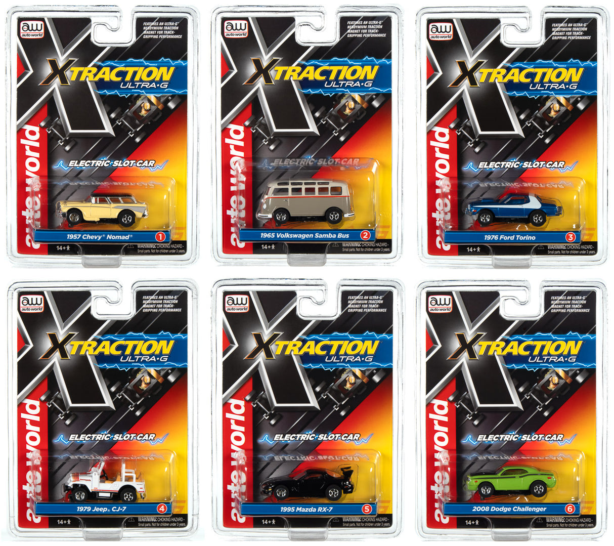 Slot car set featuring various classic and modern vehicles for electric slot car racing for Auto World SC368