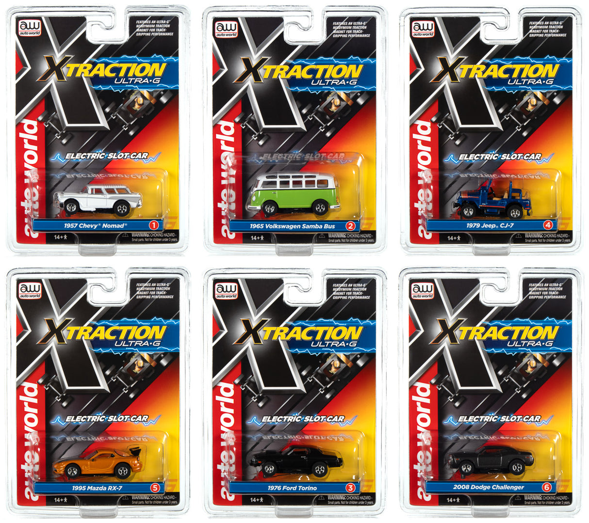 Slot car set featuring various classic and modern vehicles for slot car racing for Auto World SC368