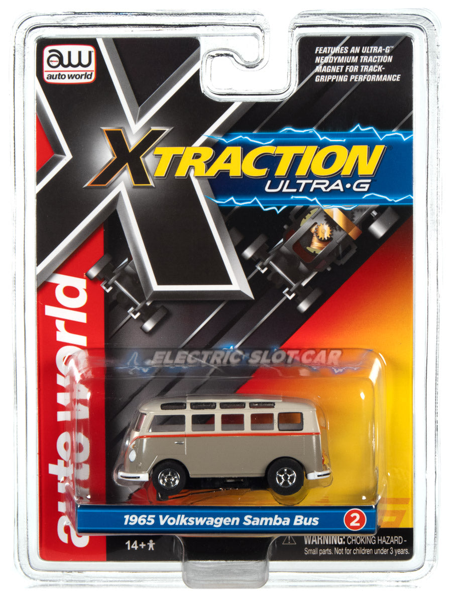Silver 1965 Volkswagen Samba electric slot car in packaging for Auto World SC368