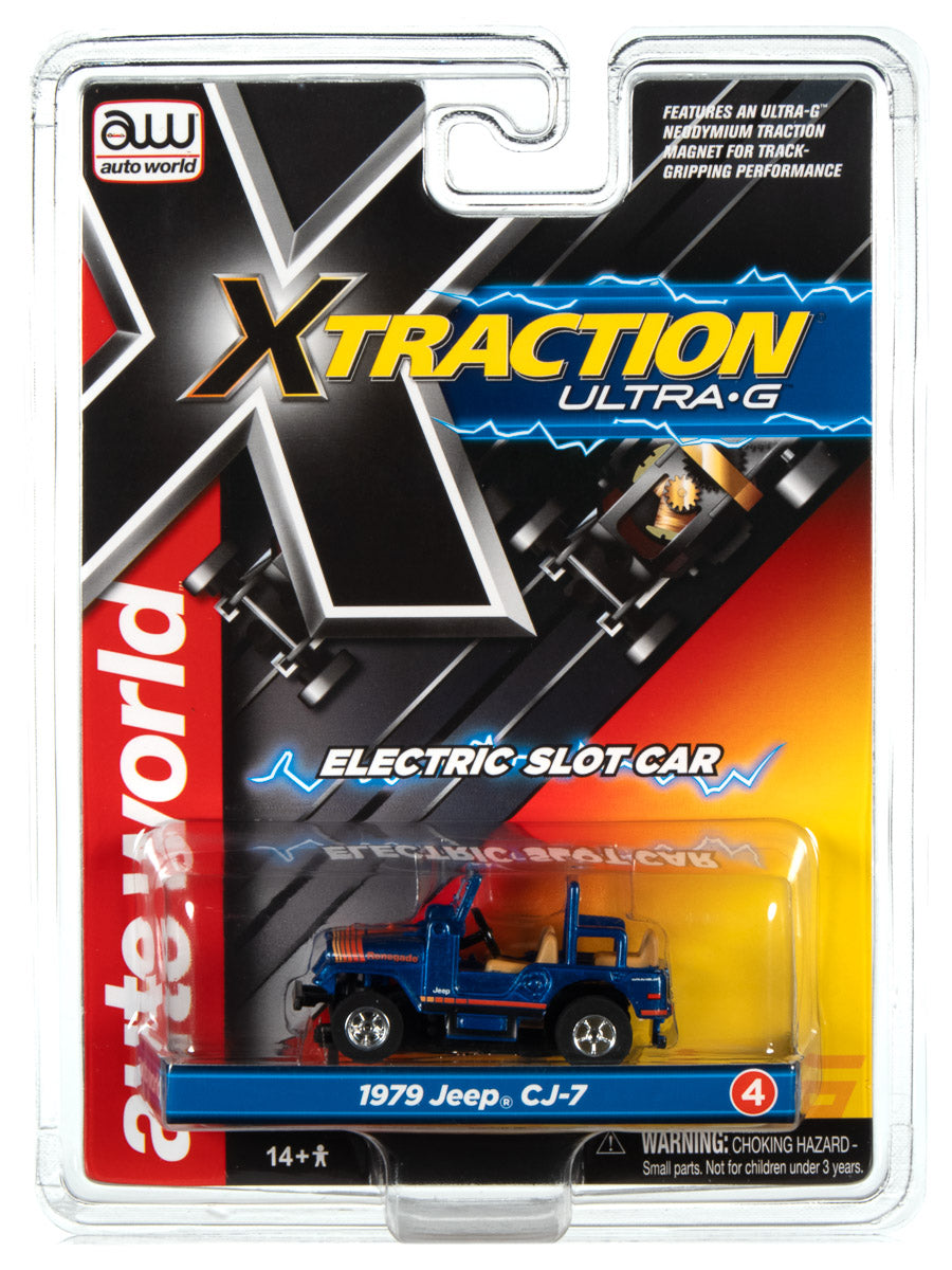 Blue 1979 Jeep CJ-7 electric slot car toy packaging for Auto World SC368