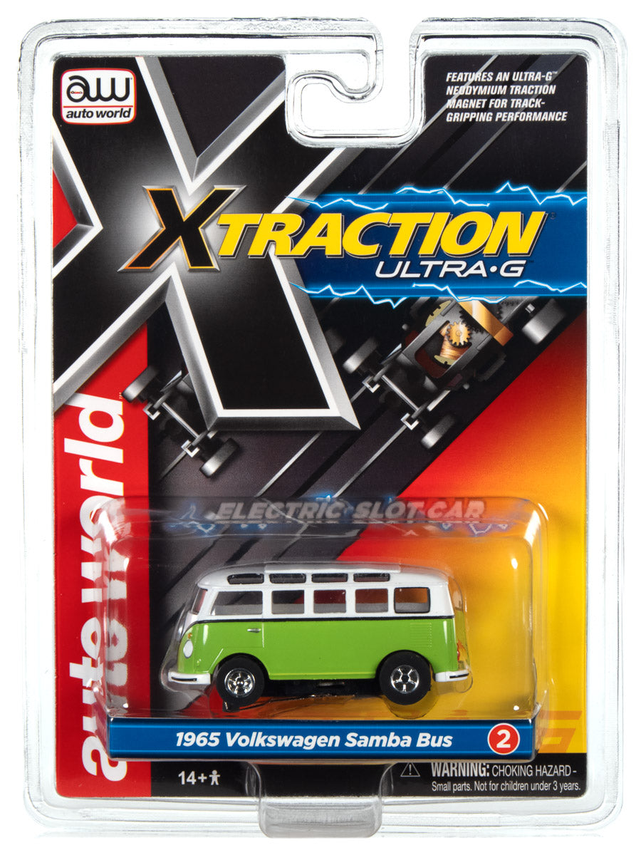 Green 1965 Volkswagen Samba electric slot car toy packaging for Auto World SC368