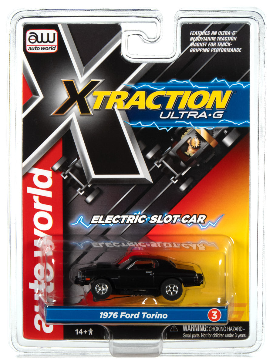 Black 1976 Ford Torino electric slot car toy in packaging for Auto World SC368