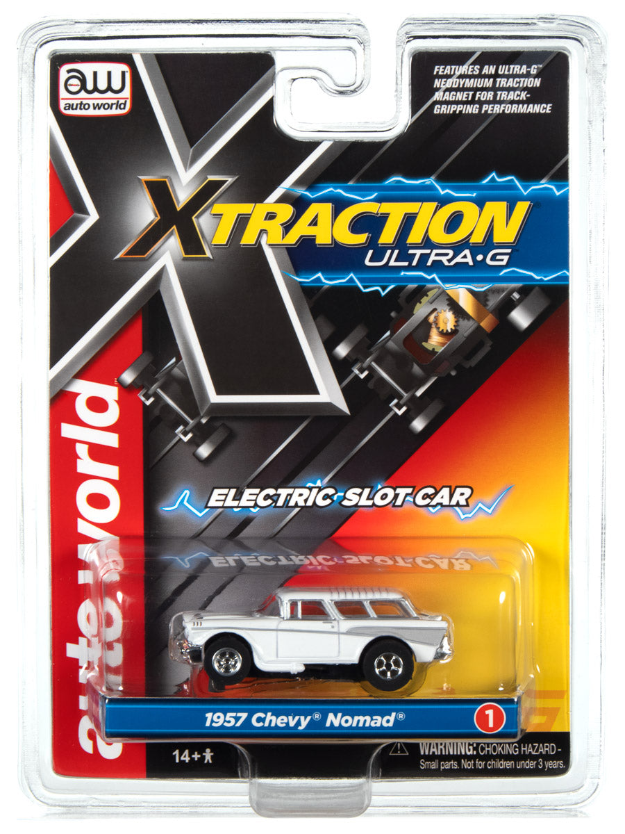 White 1957 Chevy Nomad electric slot car toy packaging for Auto World SC368