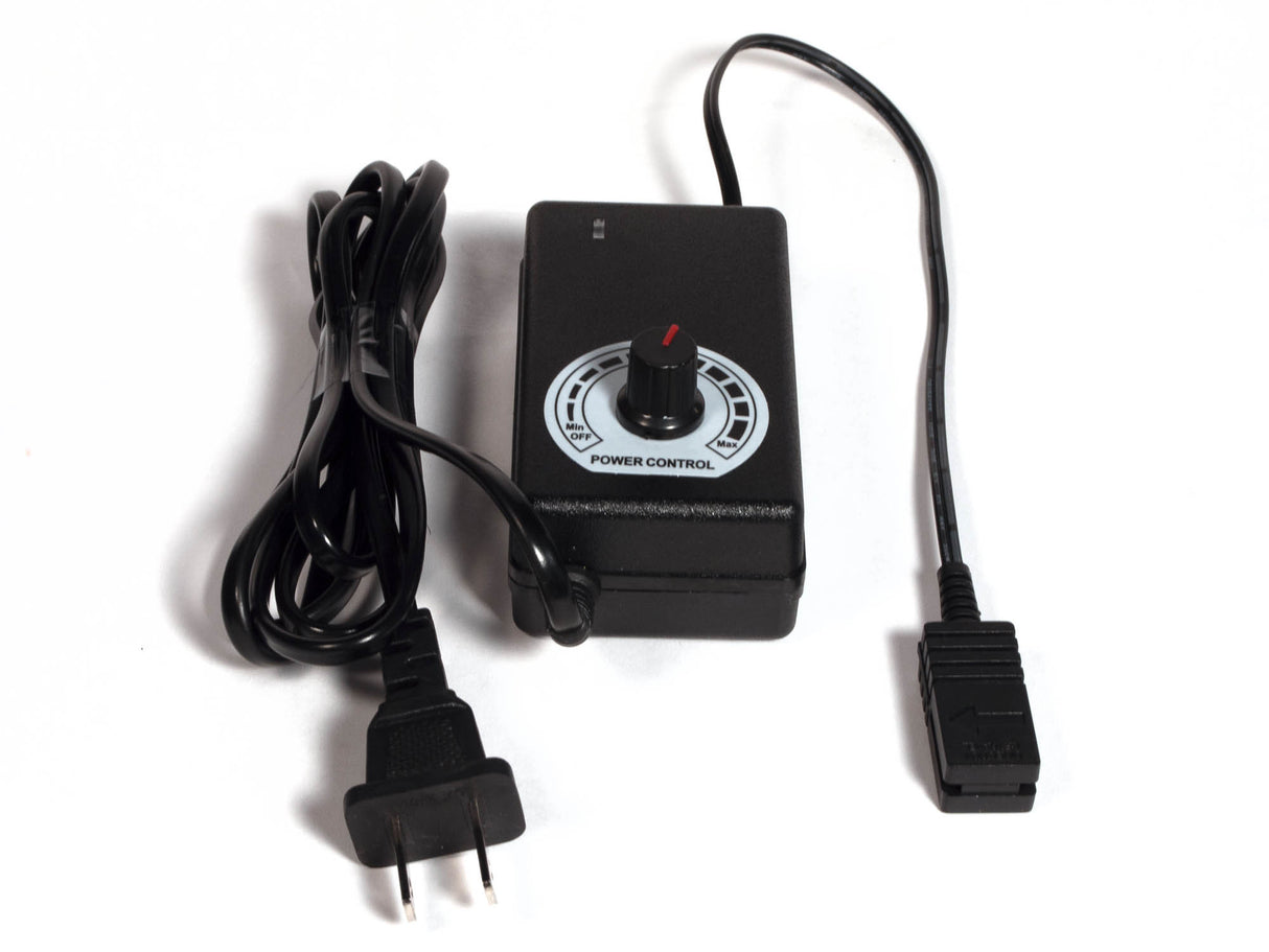 Adjustable power supply unit with power control dial and attached cables for Auto World TRX107