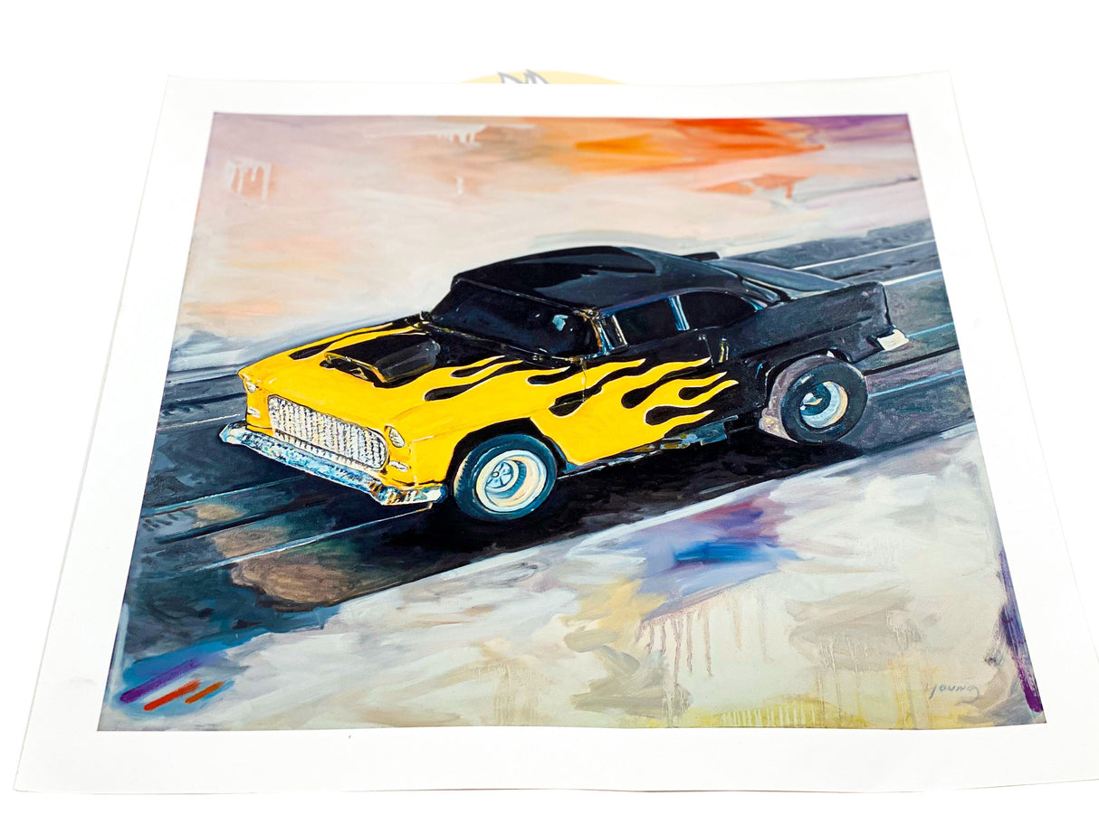 Yellow and black 1955 Chevy Bel Air with flame paint job, painted artwork for Exclusive #2 CP7760PT