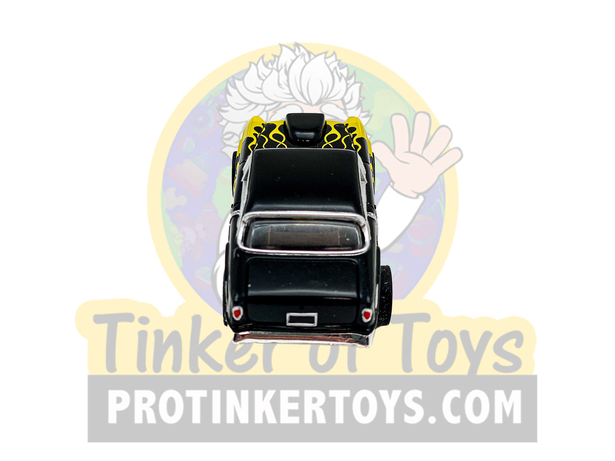 Black 1955 Chevy Bel Air toy with yellow flames for Exclusive #2 CP7760PT, rear view