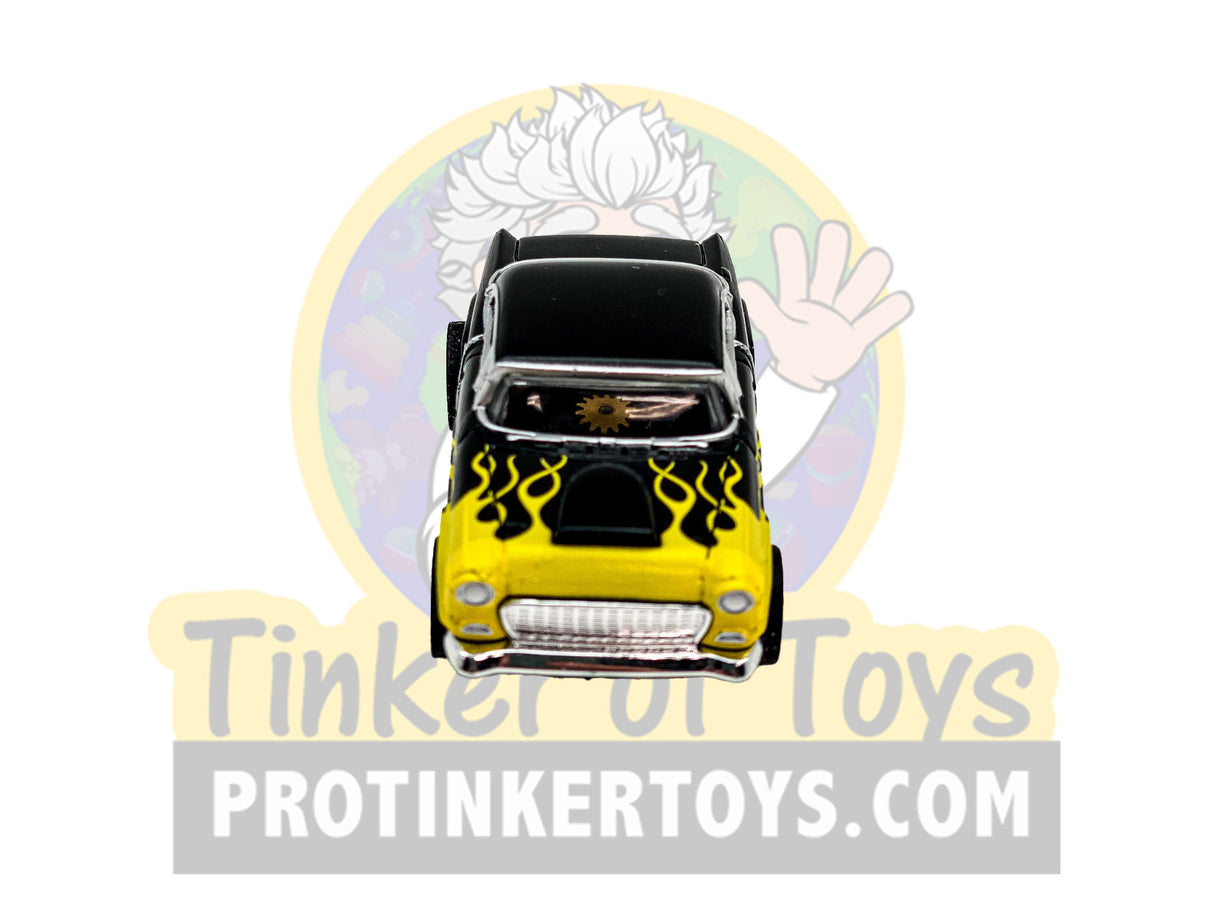 Black 1955 Chevy Bel Air toy with yellow flames for Exclusive #2 CP7760PT, front view