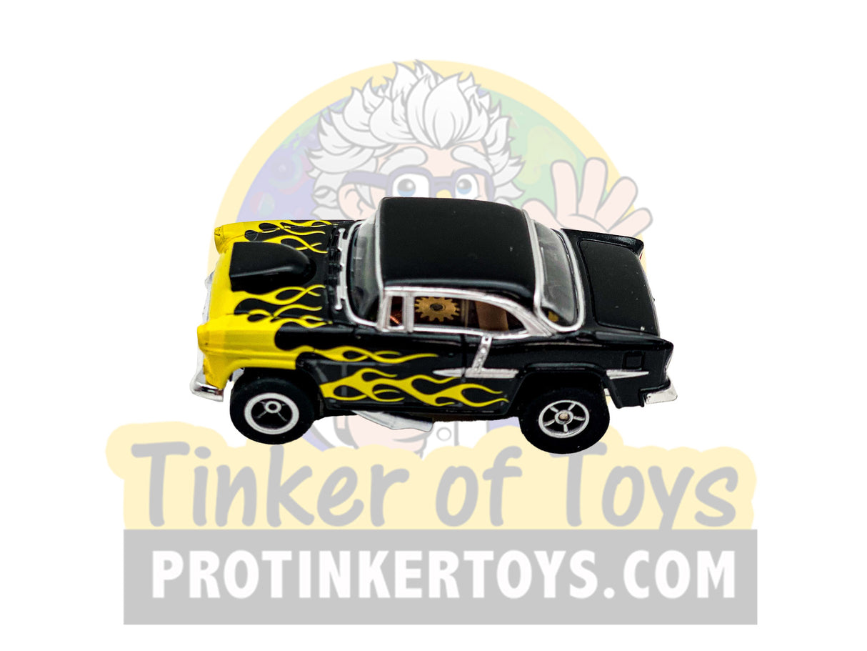 Black and yellow 1955 Chevy Bel Air toy car with flame decals for Exclusive #2 CP7760PT, front view