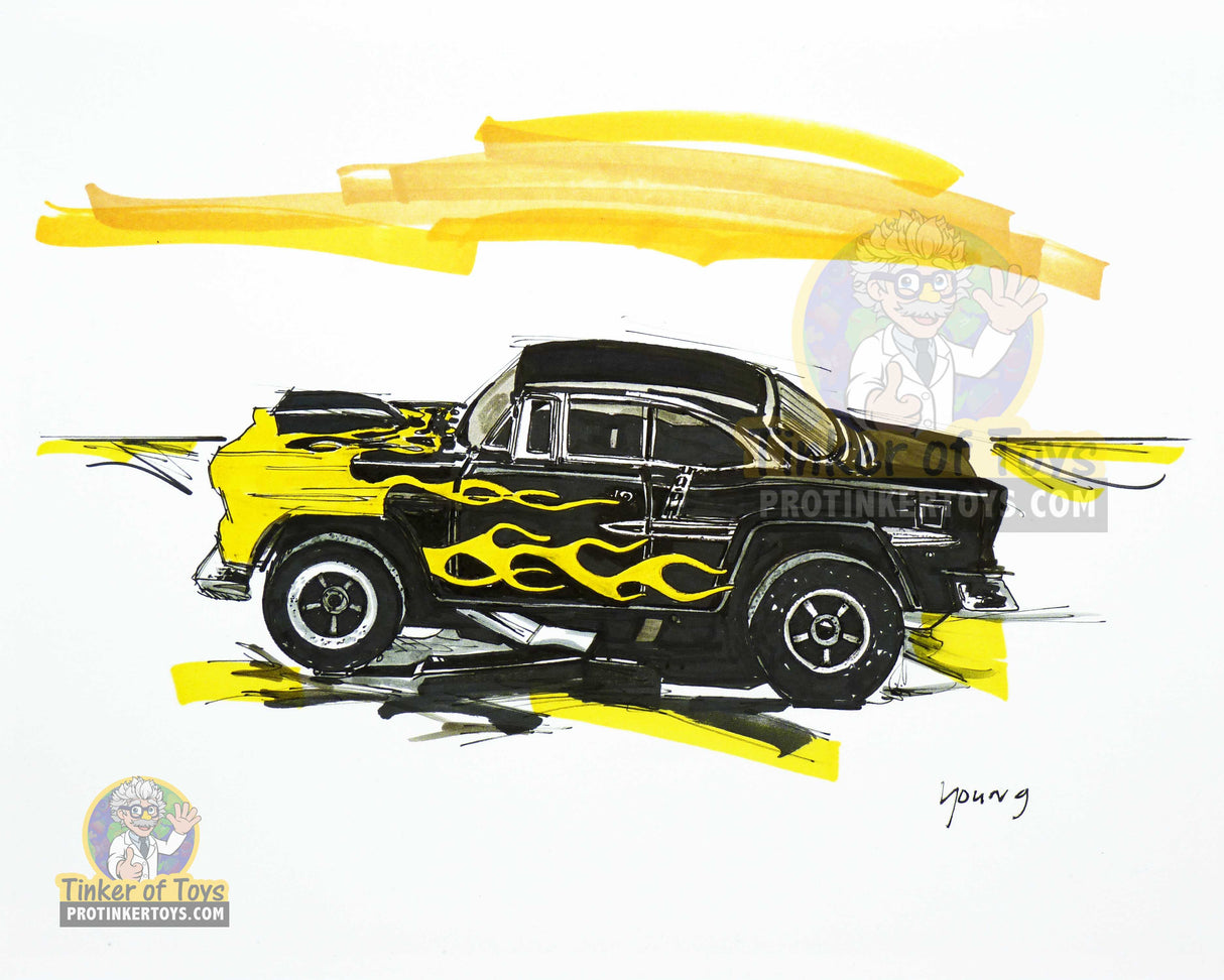 Sketch of a classic black and yellow '55 Chevy Bel Air slot car for Timothy W. Young 8”x10”