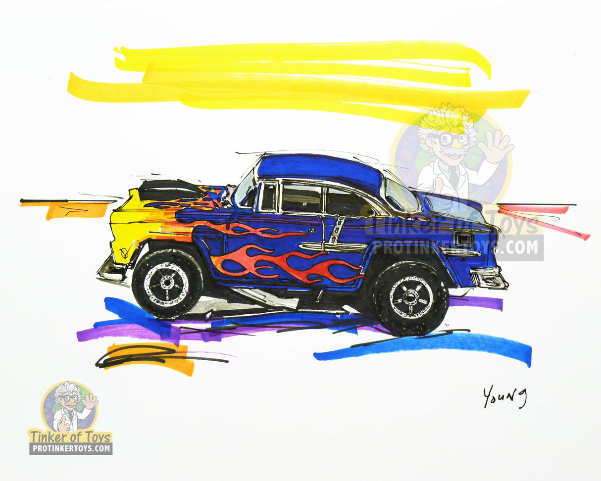 Blue and yellow '55 Chevy Bel Air slot car sketch print by Timothy W. Young for 8”x10”