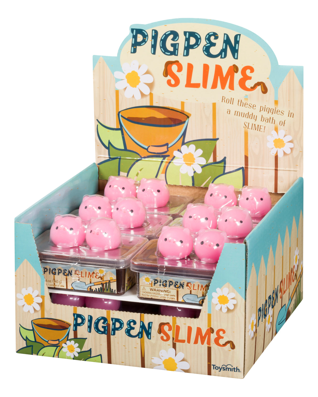 Pink pig bath toys in a wooden crate with slime theme for Toy Smith 5782