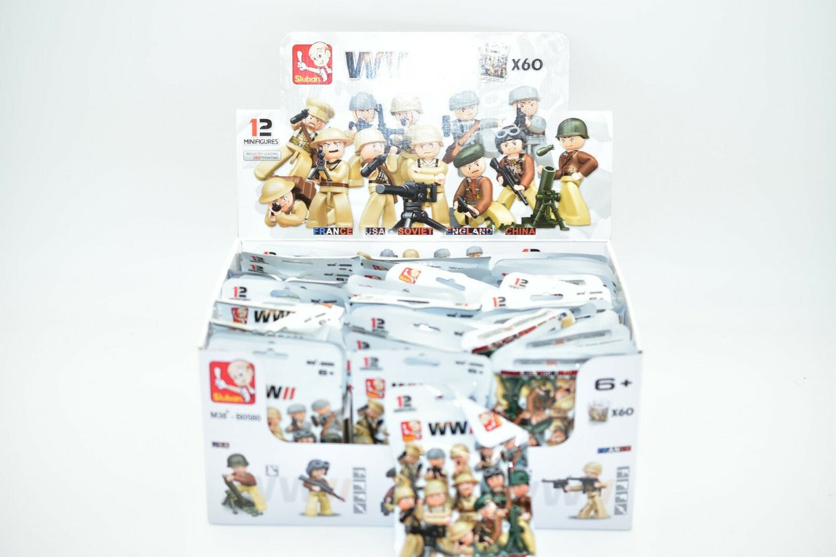 WWII minifigures set featuring soldiers from various nations for Sluban M38-B0580, side view