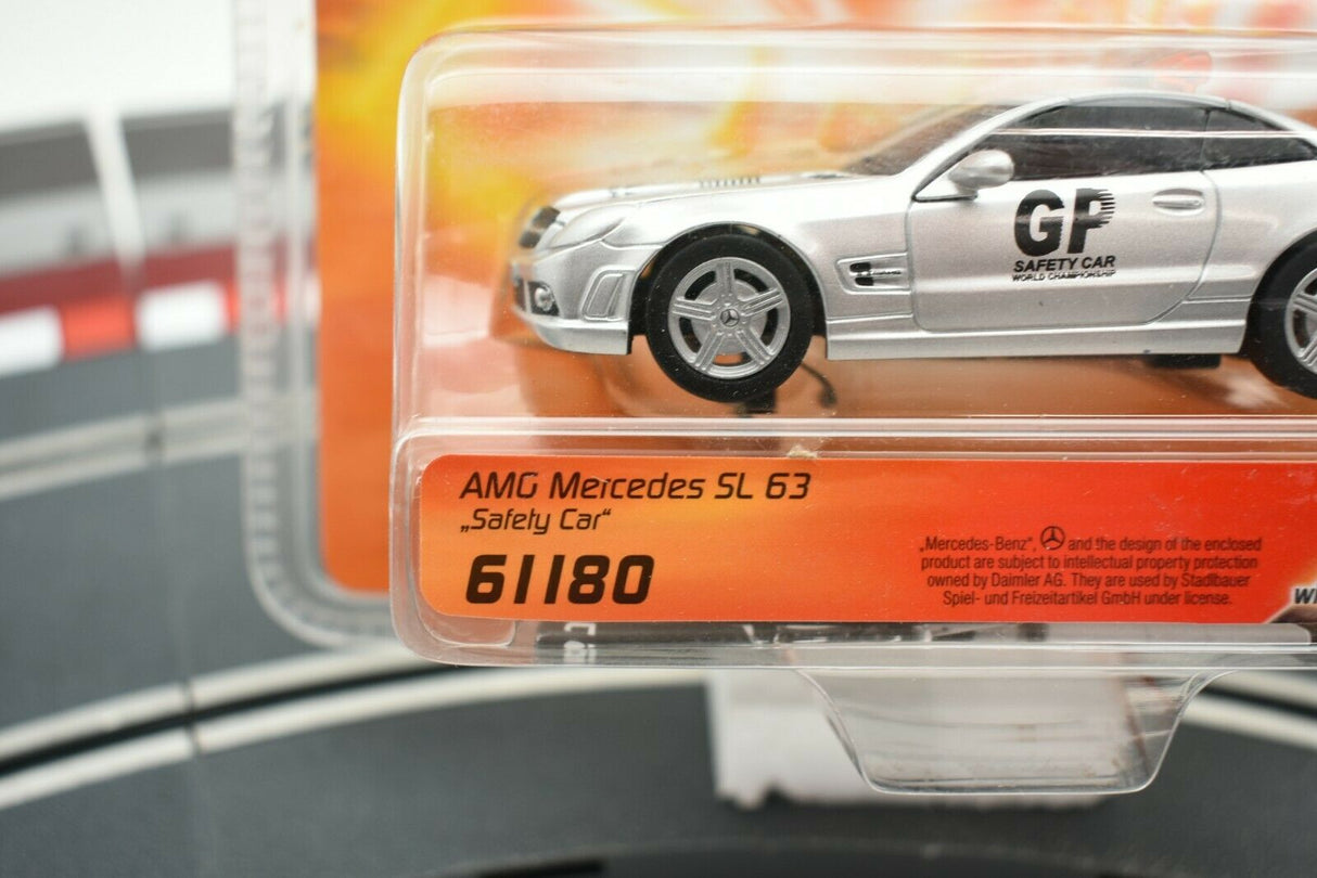 Silver model car of an AMG Mercedes SL 63 "Safety Car" on a display card for Carrera Go 20061180