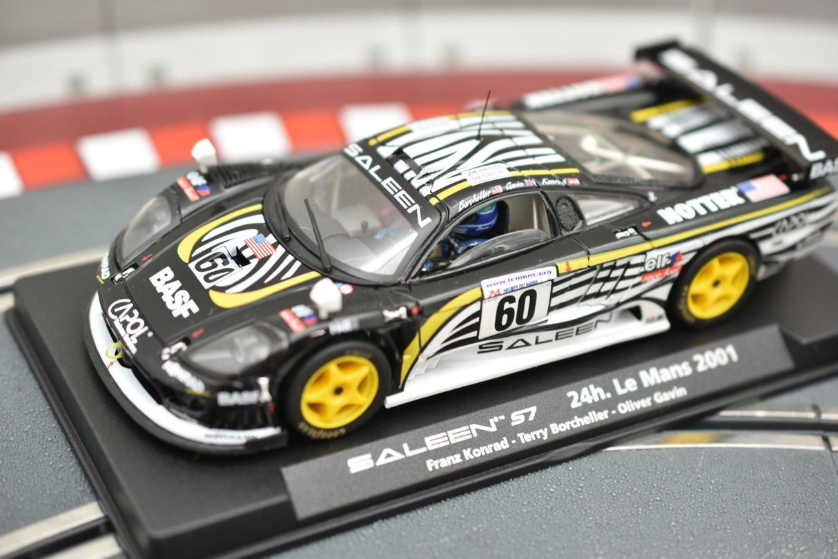 Scale model of a 2001 Saleen S7 race car on a display base for Fly Car 88044, front view