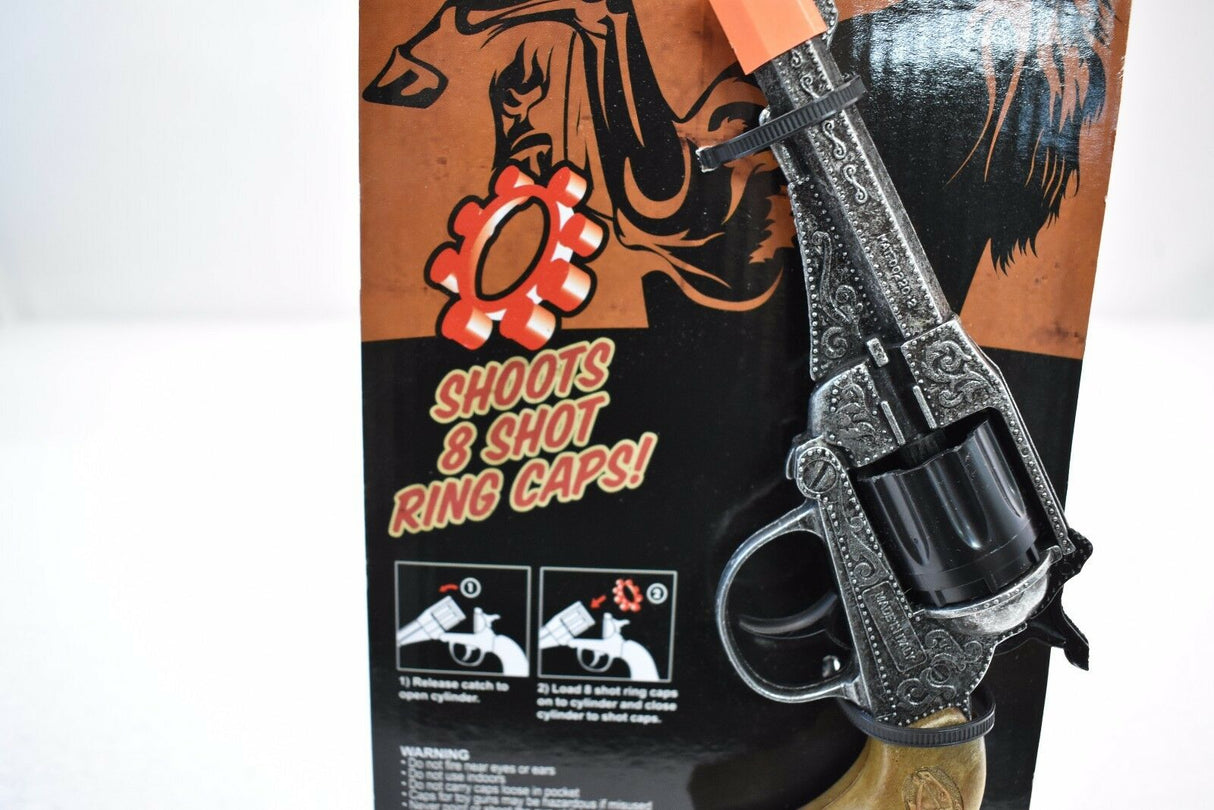 Revolver with box showing it shoots 8-shot ring caps for Parris Toys 4626