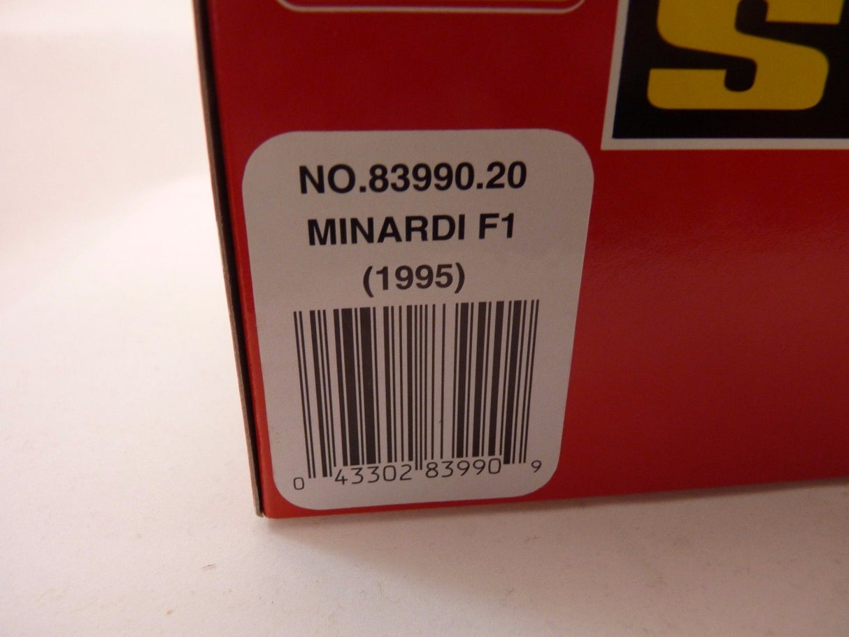 Box label showing Minardi F1 (1995) model number and barcode for SCX 83990.20