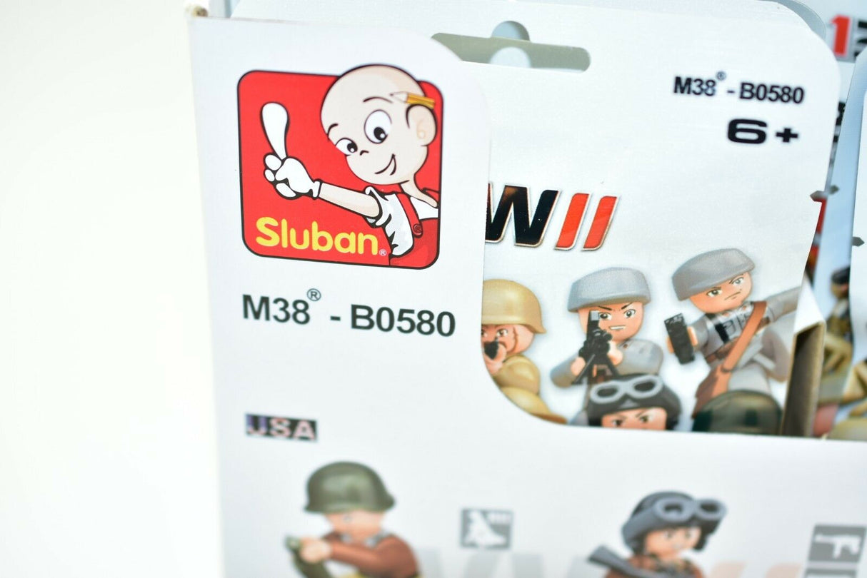 Sluban WWII minifigure packaging showing various soldier figures for M38-B0580