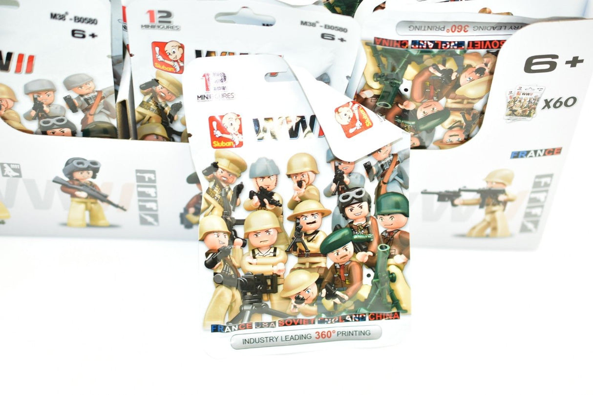 Assortment of WWII minifigures representing various soldiers and historical figures for Sluban M38-B0580