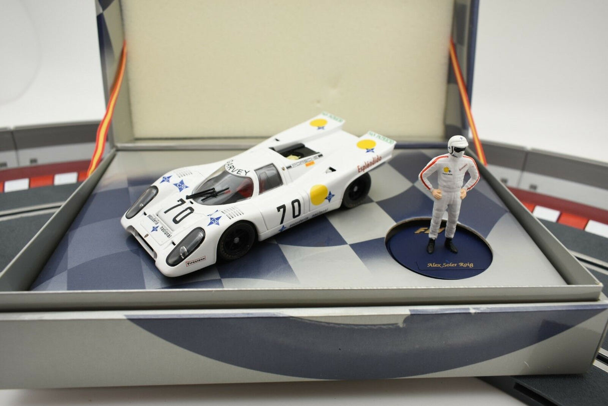 Porsche 917k race car model with driver figure on a display base for GB Track W02