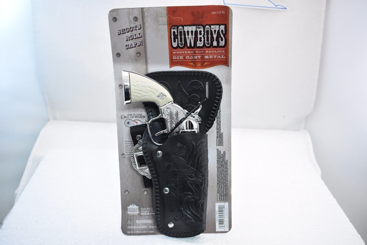 Silver cowboy pistol and holster set with "Cowboys" text on packaging for Parris Toys 5502