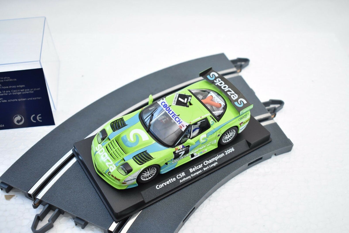Green and yellow Corvette race car model on a display base for Fly Car 88280