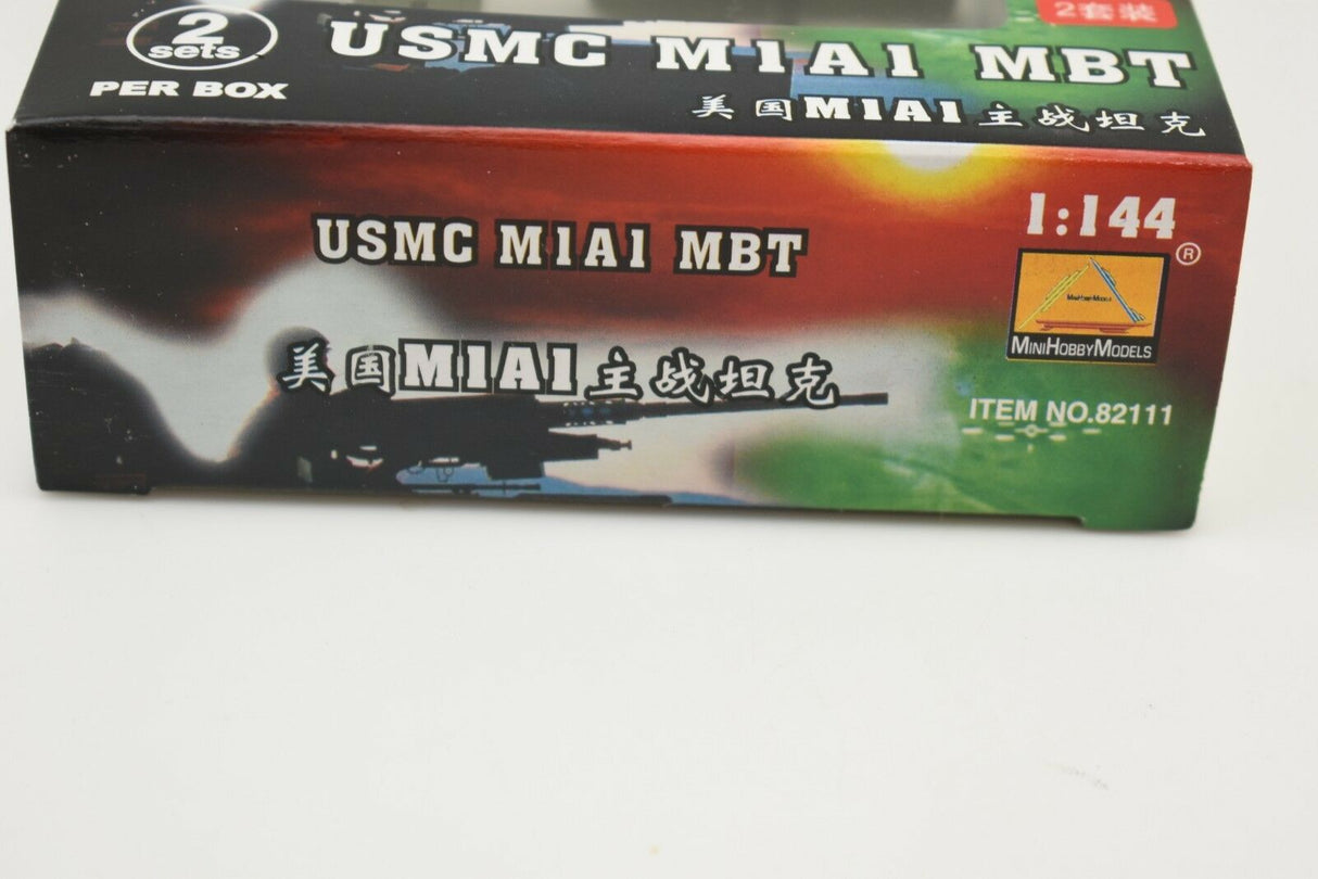 Model kit box art for USMC M1A1 MBT, 1:144 scale for MiniHobby 82111