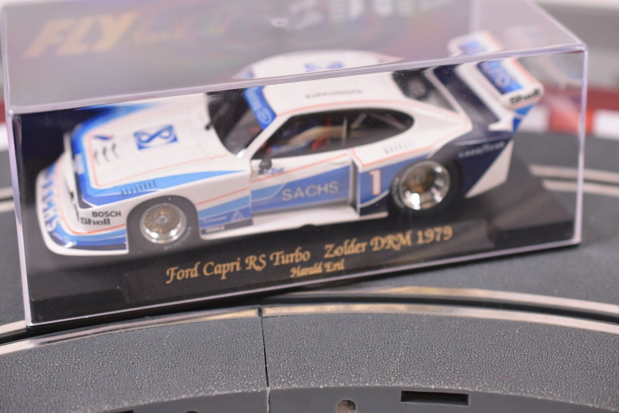 Slot car of a 1979 Ford Capri RS Turbo race car for Fly Car A141L, front view