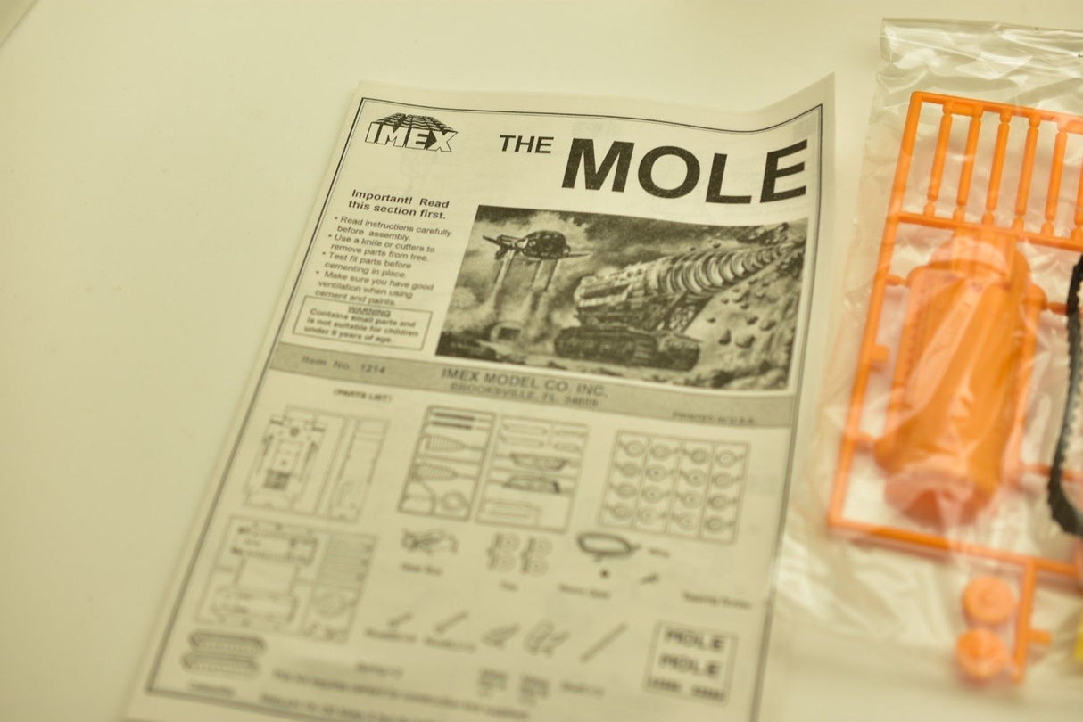 Instructions sheet for The Mole Thunderbirds Kit, showing parts diagrams for IMEX imx1214