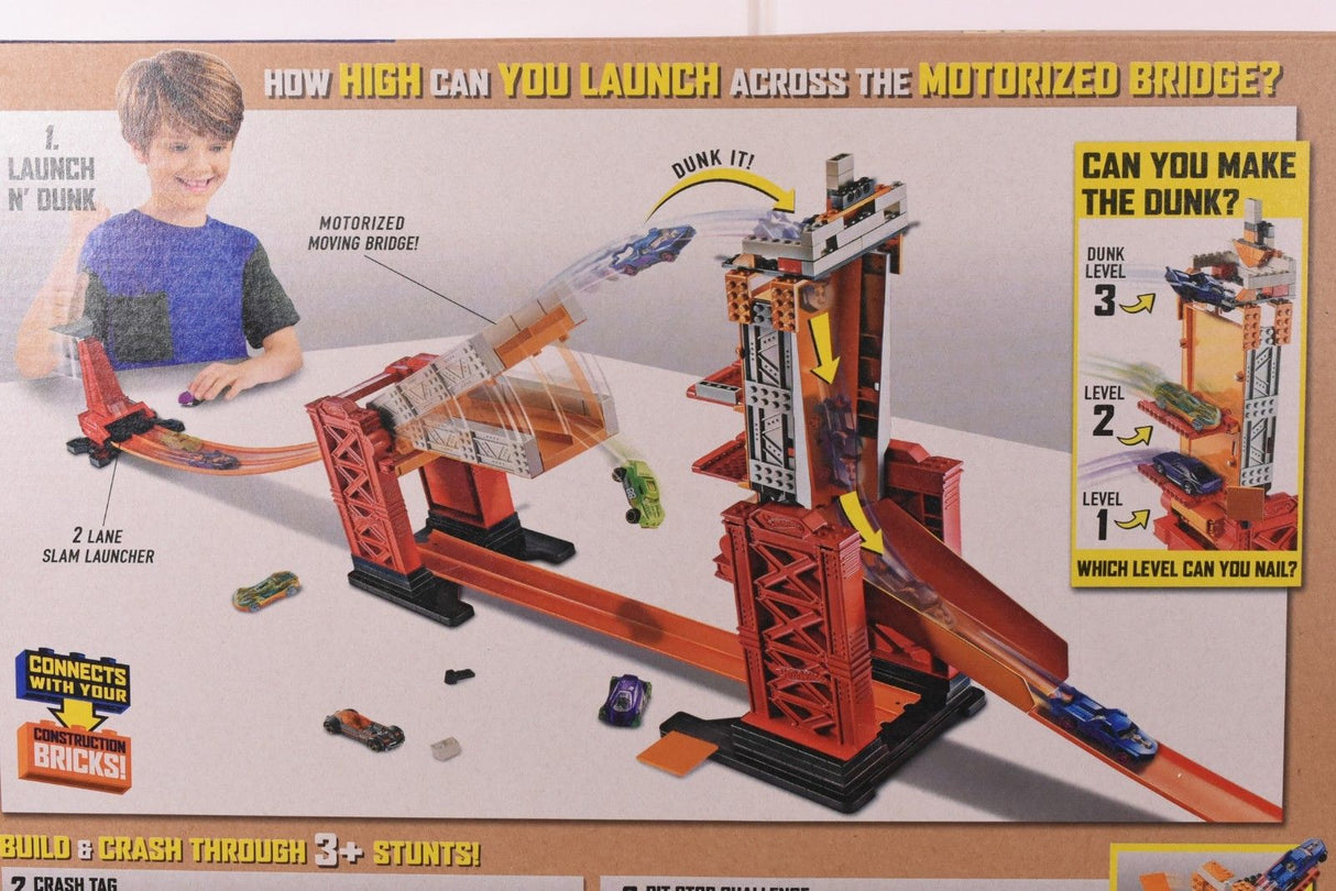 Stunt bridge kit showing launch tracks and levels for building action for Mattel DWW97