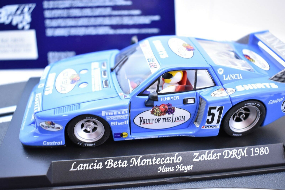 Blue Lancia Beta Montecarlo race car model from 1980 for Fly Car GB35L, side view