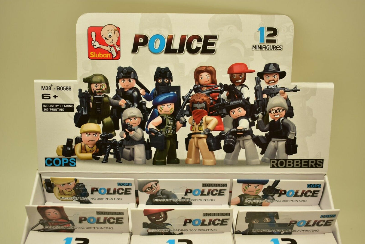 Police and robber minifigures set in a box, showing 12 figures for Sluban M38-B0586