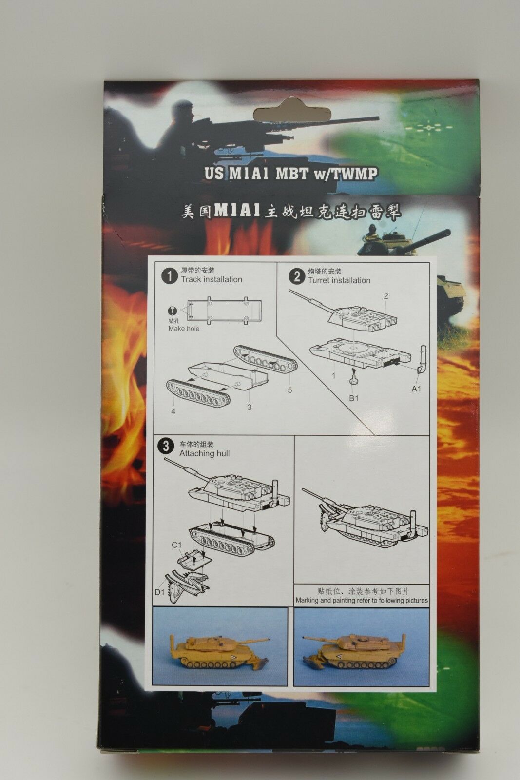 Assembly guide for M1A1 Abrams tank model kit, showing numbered steps and parts for MiniHobby 82115