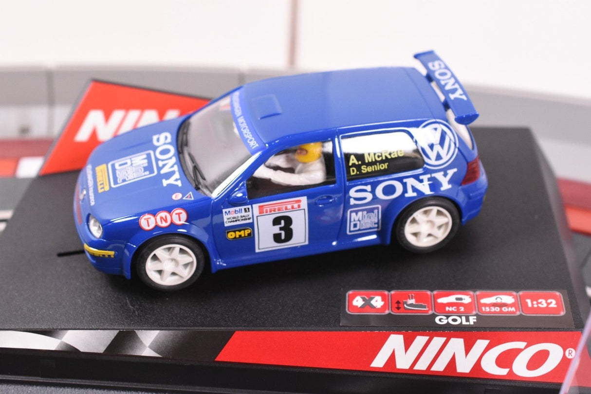 Blue slot car VW Golf toy car with "Sony" branding for Ninco 50228