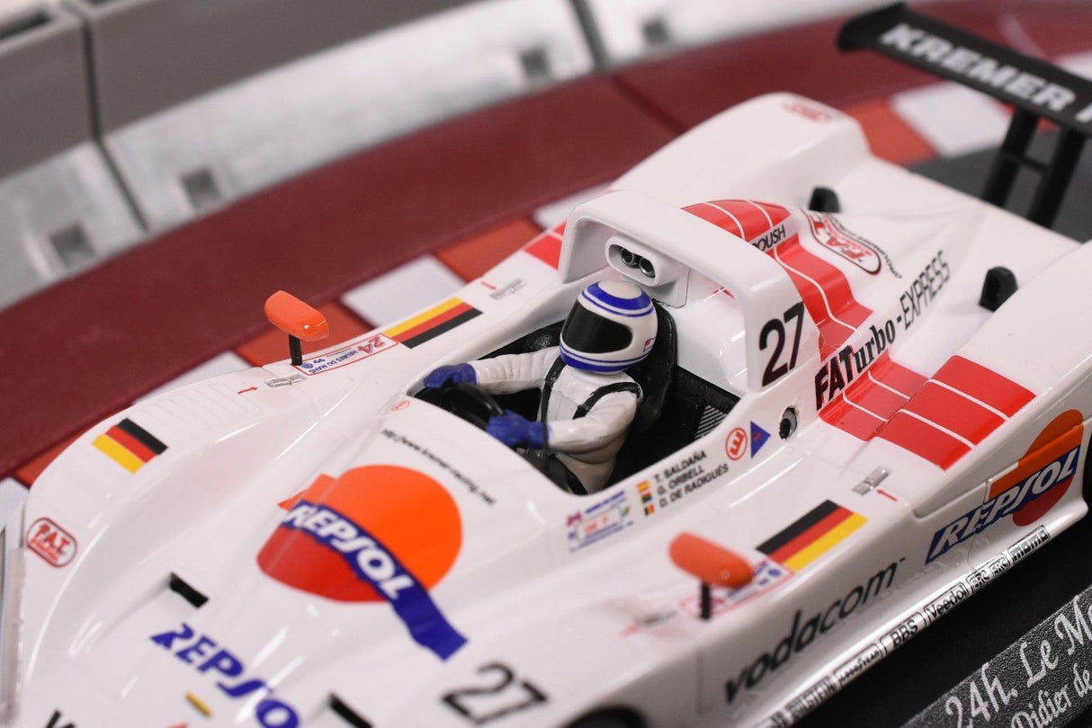 Race car model, white and red, with driver figure, on track for Fly Car 88039