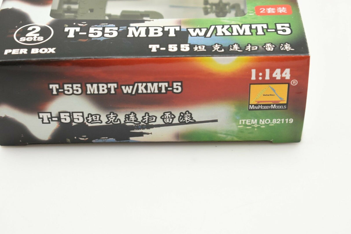 Model kit box art for T-55 MBT w/ KMT-5, scale 1:144 for MiniHobby 82119