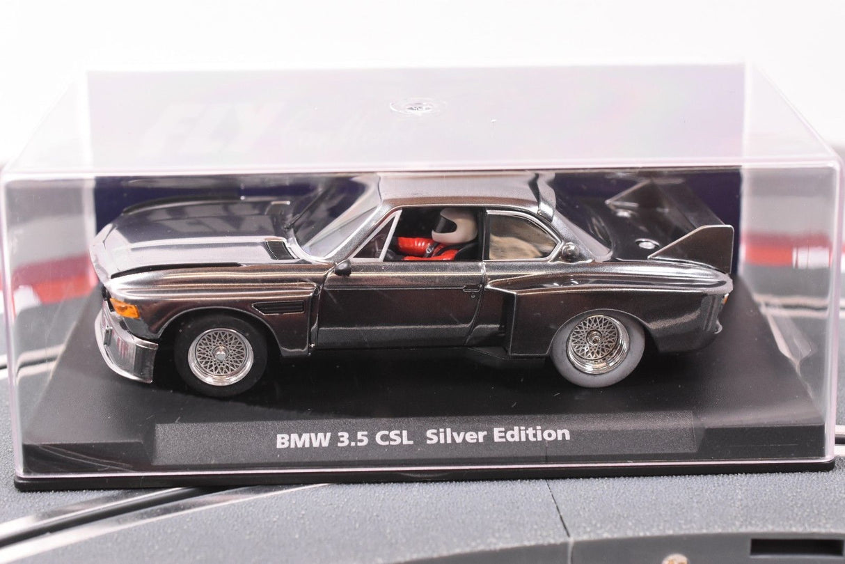 Silver slot car of a classic BMW 3.5 CSL for Fly Car 88124, side view