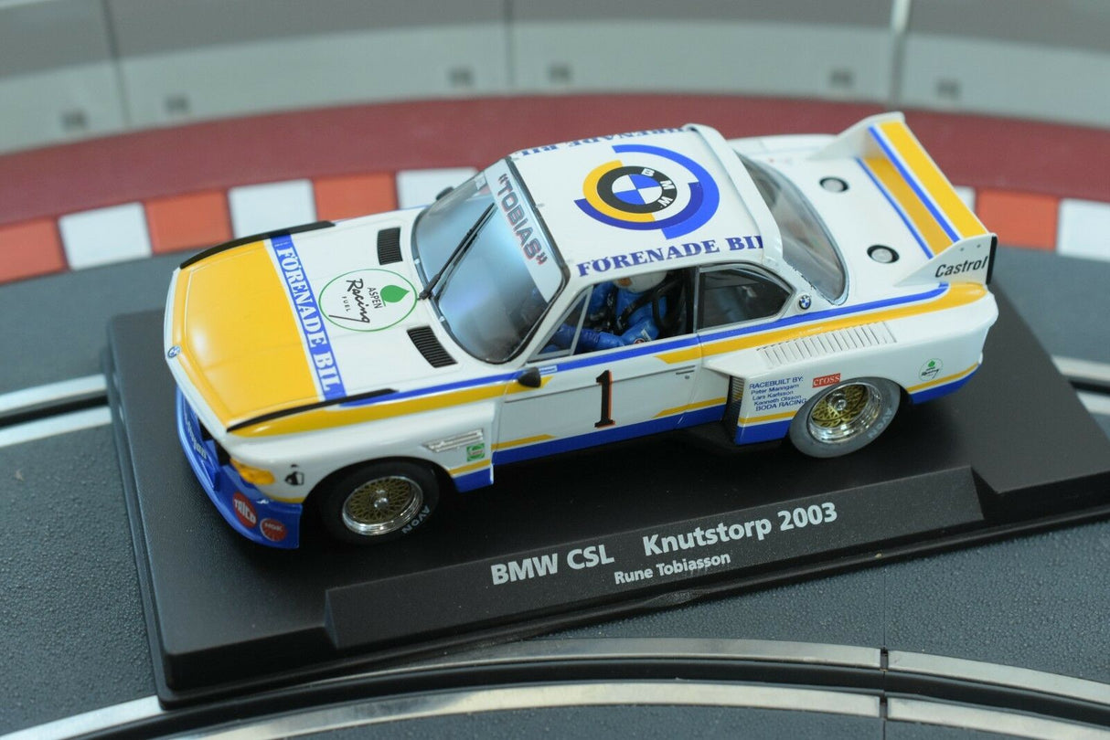 White and blue BMW CSL race car model from the 2003 Knutstorp event for Fly Car 88177