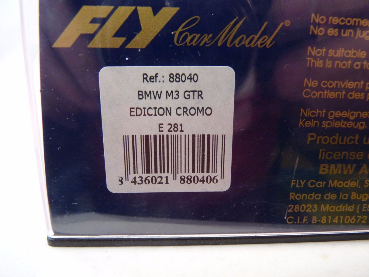 Product packaging showing "BMW M3 GTR EDICION CROMO" model details for Fly Car 88040