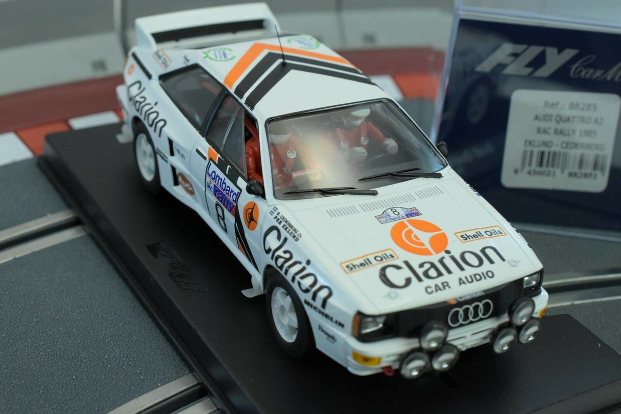 Slot car of a white Audi Quattro A2 rally car from 1985 for Fly Car 88285
