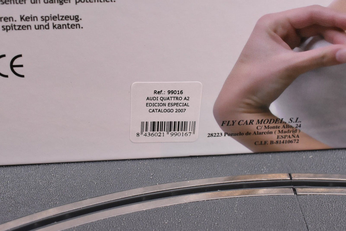 Product label showing Audi Quattro A2 2007 catalog details for Fly Car 99016