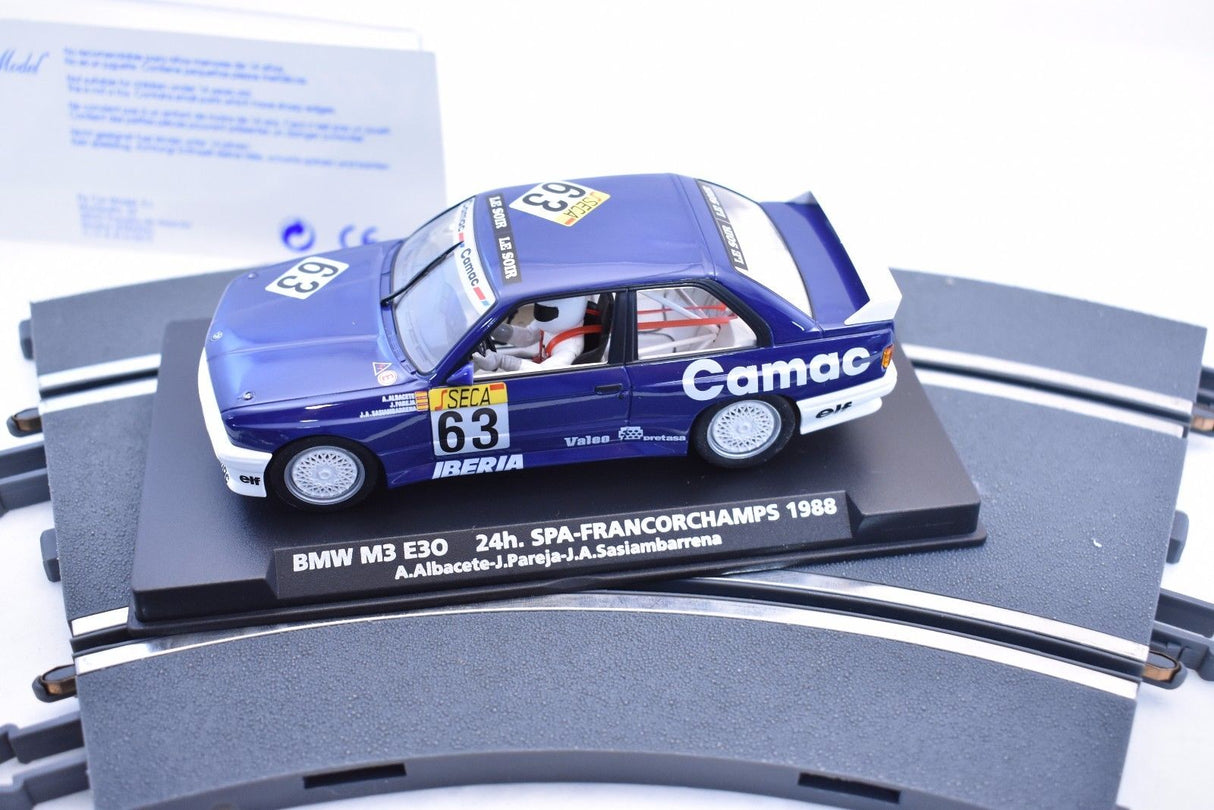 Blue model car, BMW M3 E30, race car replica on track section for FLY CAR 96092