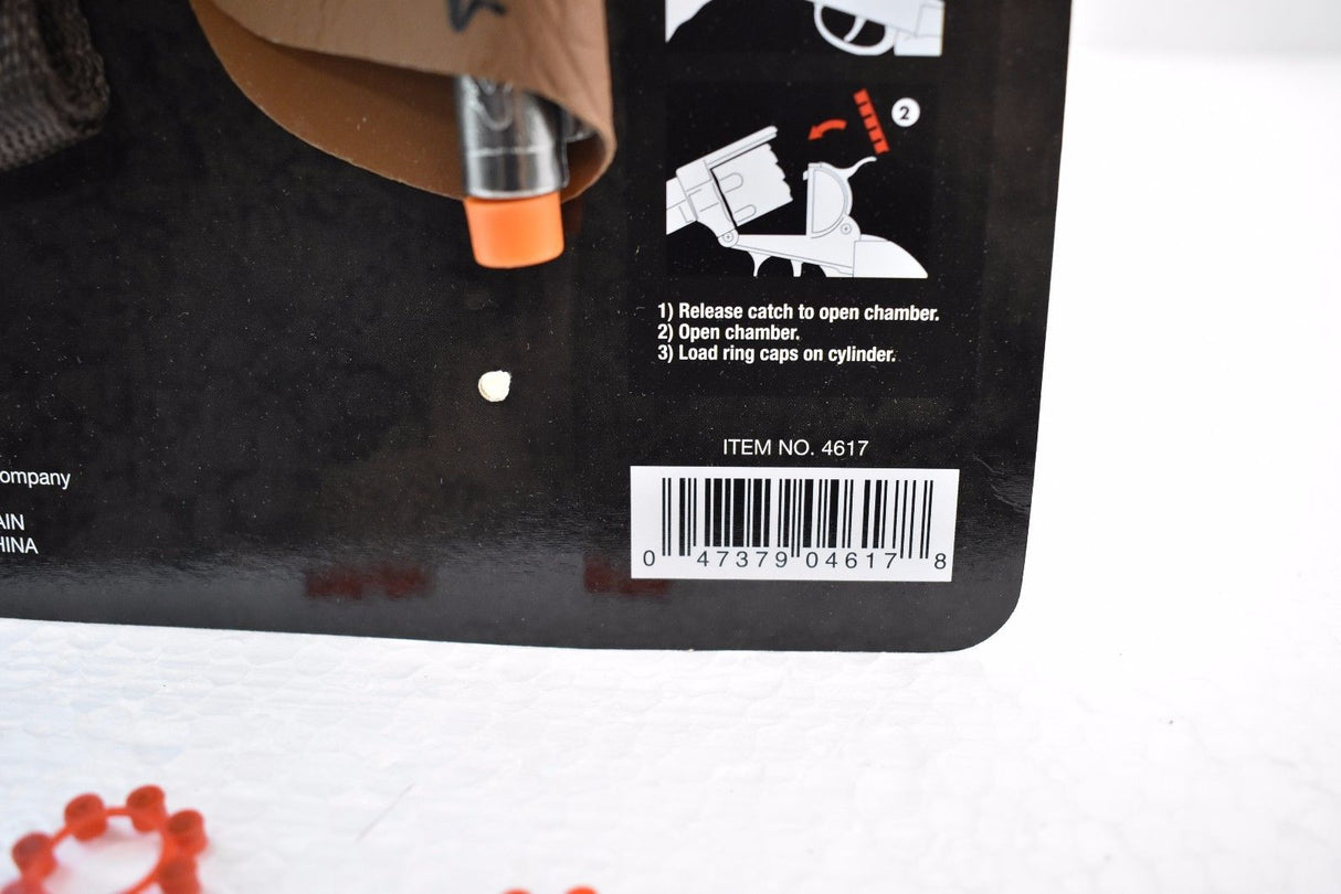 Instructions for loading a revolver: release catch, open chamber, load ring caps for Parris Toys 4617