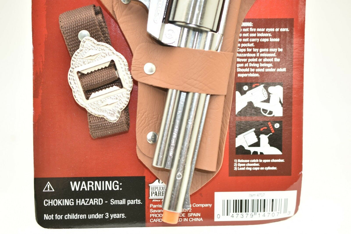 Toy pistol and holster with safety warnings and assembly instructions for Parris Toys 4707C