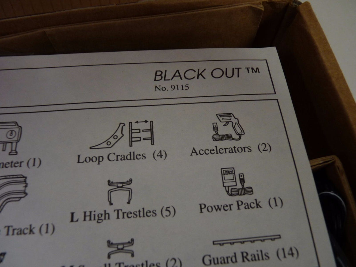 Diagram showing parts for a Black Out race set, including track, cradles, and power pack for Aurora / AFX / Tomy 9115M