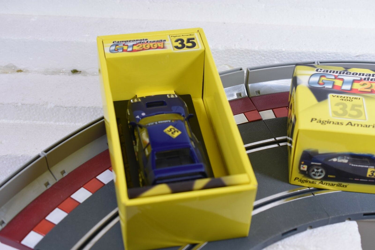 Yellow box with blue race car model, labeled for GT 2001 for FLY CAR PA 6
