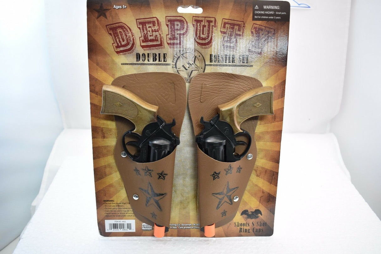 Toy holster set for two double revolvers, brown and tan plastic for Parris Toys 4632C