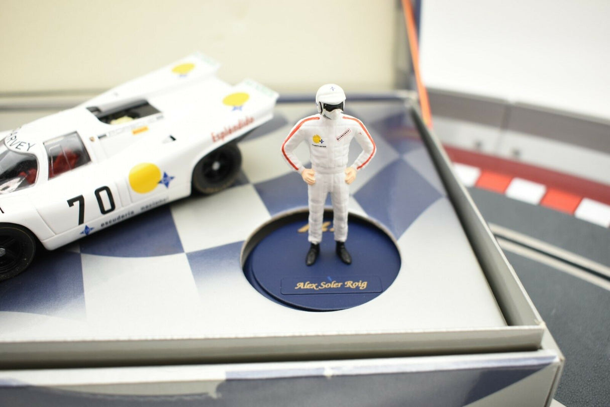 Miniature Porsche 917k model with Alex Soler Roig driver figure on a checkered base for GB Track W02