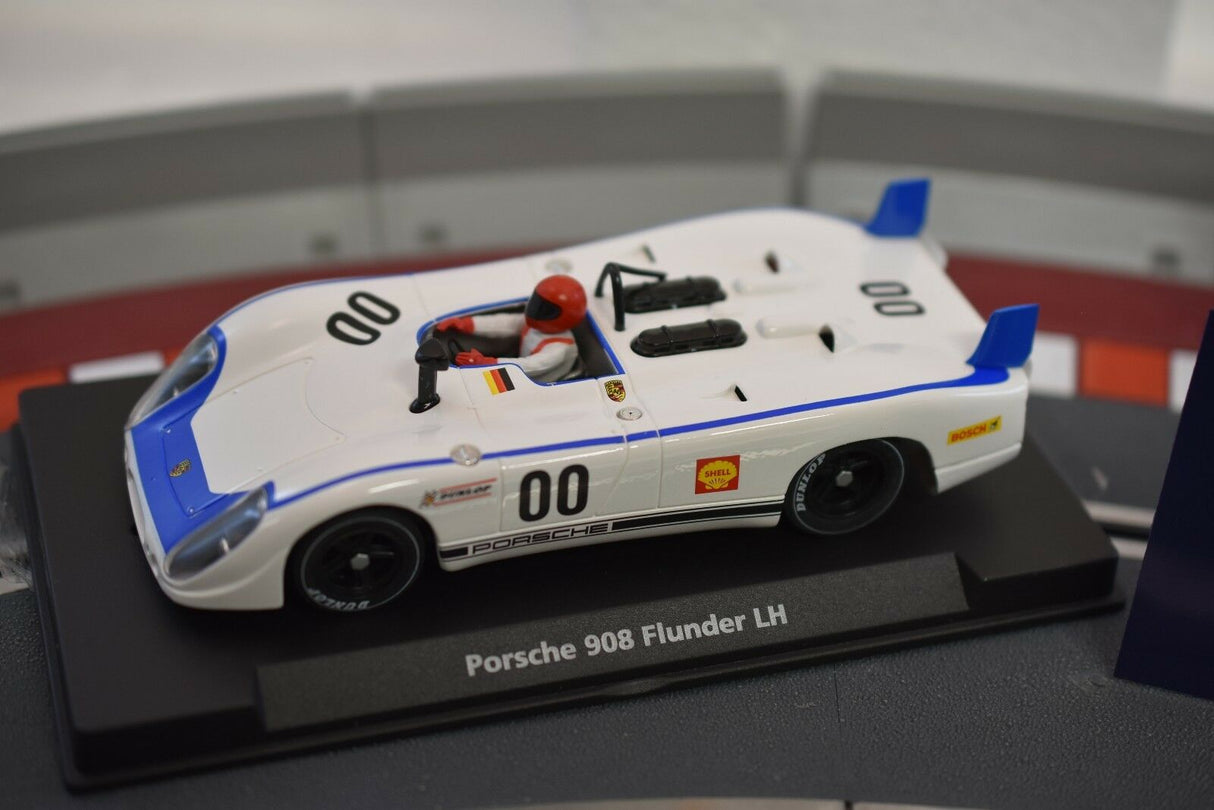 White model race car, Porsche 908 Flunder LH, with driver figure for Fly Car 88121