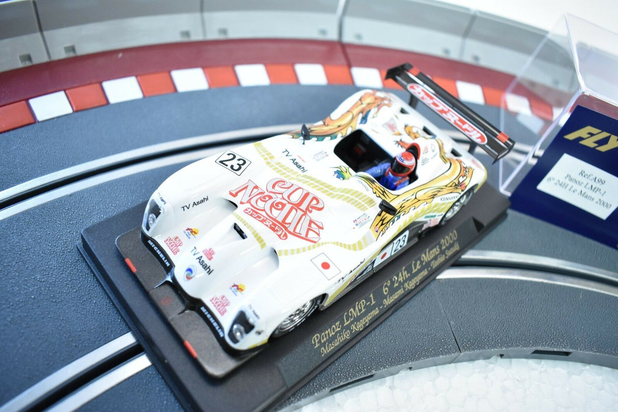 Race car model on track base, showing Panoz LMP-1 livery for Fly Car A99