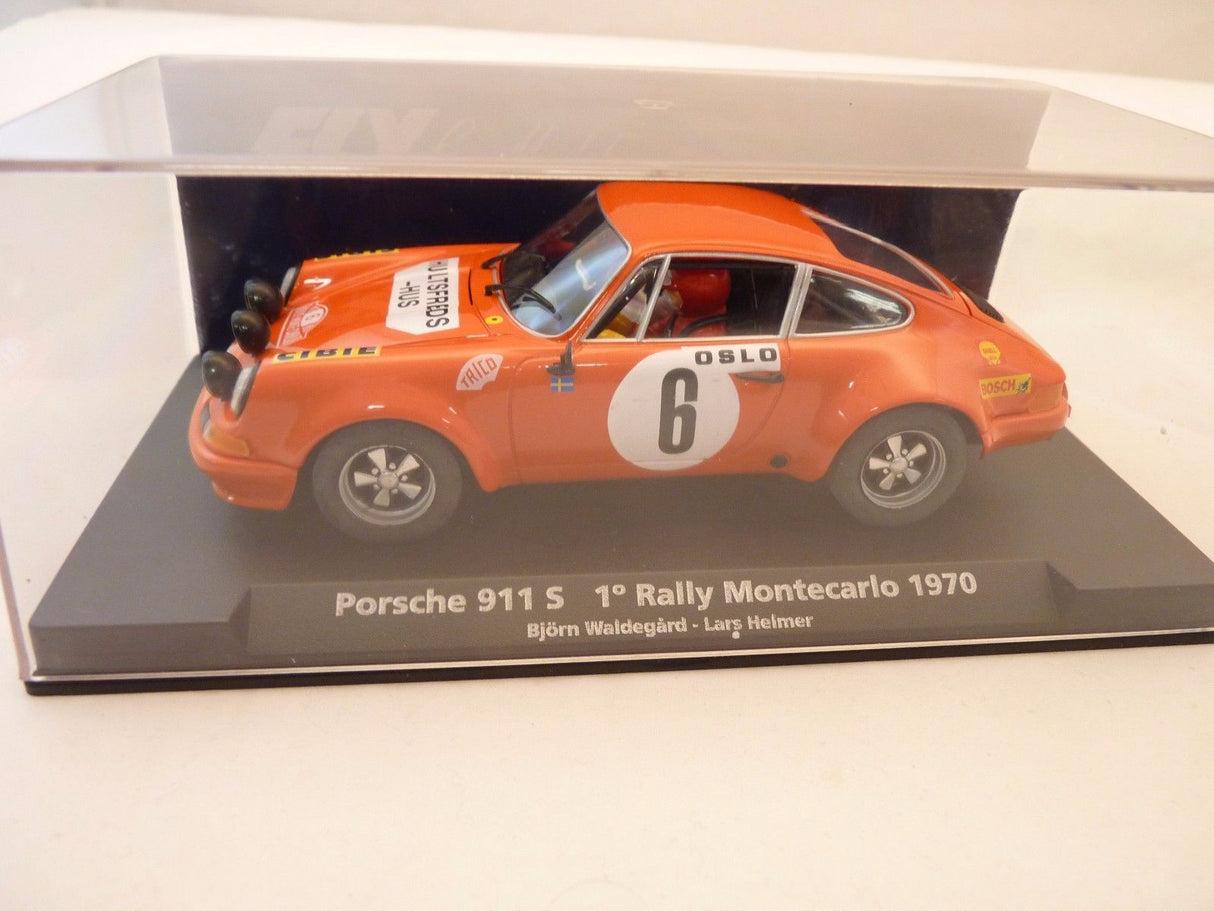 Orange slot car of a 1970 Porsche 911S rally car for Fly Car 88134, side view